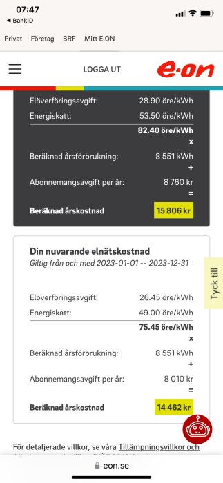 Skärmdump av E.ON energikostnadsberäkning, elpriser, årskostnad i mobilapp.