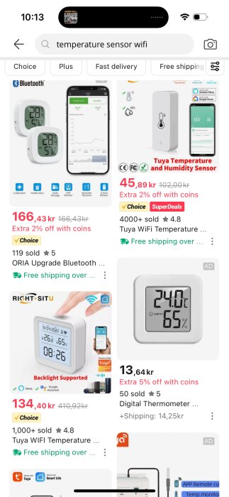 E-handelssida som visar olika WiFi-temperatursensorer med priser, rabatter och användarbetyg.