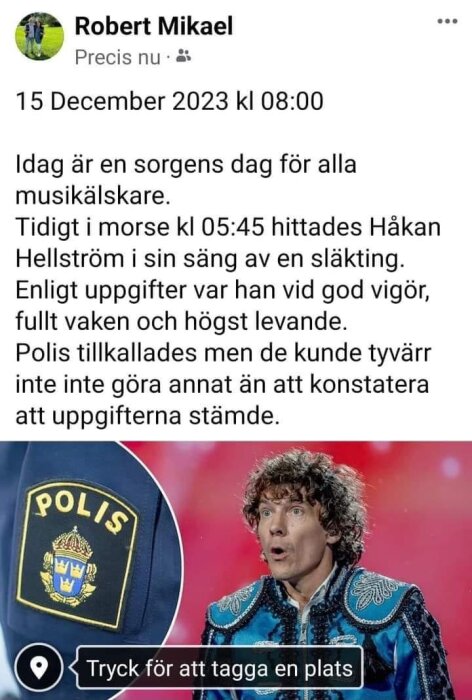 Skärmdump av Facebook-inlägg med text och bild av överraskad person. Ironiskt inlägg, polisemblemet visas.