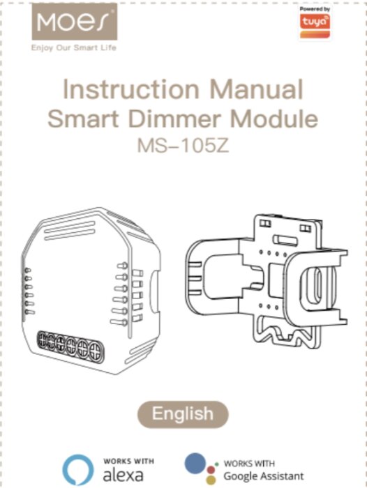 Instruktionsmanual för smart belysningsdämparmodul, MS-105Z, kompatibel med Alexa och Google Assistant.