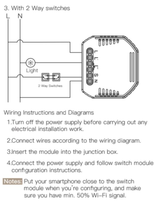 Teknisk anvisning för elinstallation med tvåvägsbrytare och WiFi-modul; innehåller schema och säkerhetsinstruktioner.