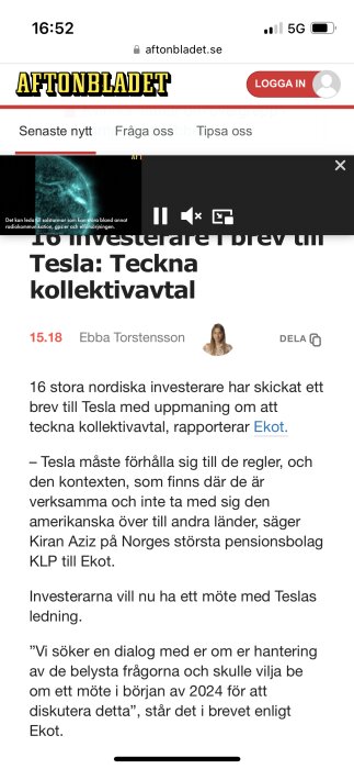 Webbsidan visar nyhetsartikel från Aftonbladet med rubriken om investerare och Tesla.