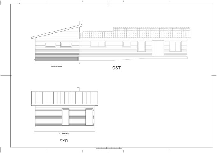 Arkitektonisk ritning av en enplansvilla, fasadvyer från öst och syd, markerat "Tillbyggnad".