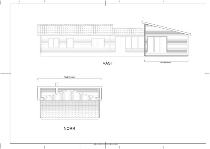 Arkitektritningar av ett hus, visar fasadvyer från väst och norr, inkluderar detaljer som fönster, dörrar och taklutning.