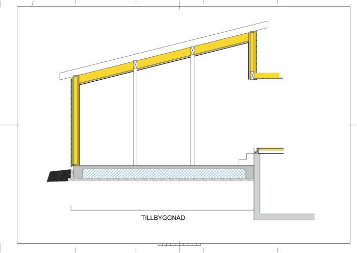 Arkitektonisk sektion, byggnadstillägg, strukturella element, konstruktionsdetaljer, grund, vägg, takbjälklag.