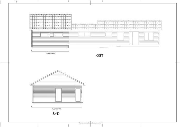 Arkitektonisk ritning, husfasater, öst- och sydvyn, tak, fönster, dörrar, tillbyggnad, teknisk illustration, byggplaner, design.