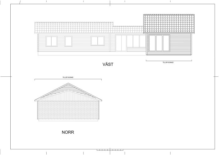 Arkitektoniska ritningar, fasadvyer, väst och norr, text "TILLBYGGNAD", enplanshus med sadeltak, detaljerade linjer, skala saknas.