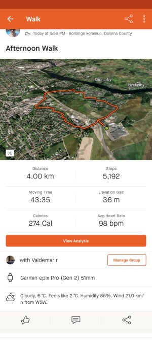 Skärmavbild av träningsapp som visar 4 km promenad, 5192 steg, rutt i Borlänge med väderinfo.