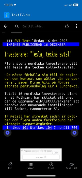 Skärmdump av Text-TV-app, inrikesnyhet om investerare och Tesla, kollektivavtal uppmaning, datum och tid synliga.