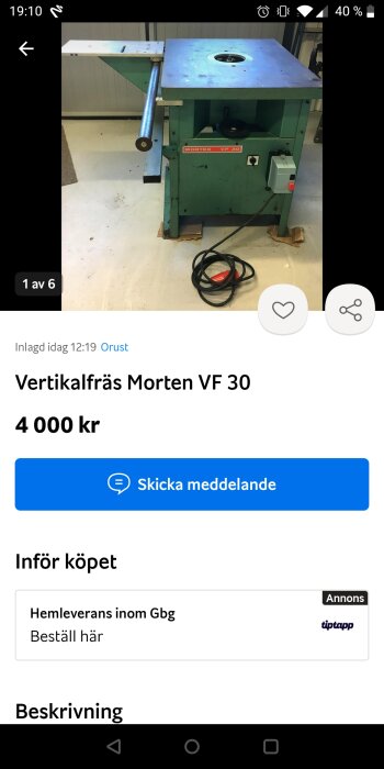 Vertikalfräs, Morten VF 30, industriell utrustning, till salu för 4 000 SEK, annons med kontaktmöjlighet.