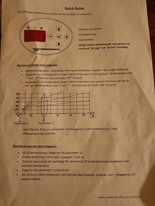 Guide för pannstyrning med temperaturinställningar och instruktioner på svenska, inkluderar diagram och steg-för-steg anvisningar.