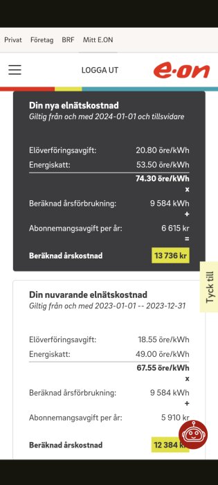 En skärmbild av elnätskostnad med jämförelse av nuvarande och framtida priser.