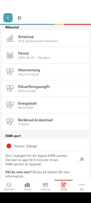 Skärmdump av mobilapp som visar elförbrukningsavtal, kostnader och HAN-portsstatus.