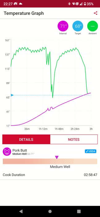 Matlagningstemperaturgraf för fläskstek, intern och måltemp visas, nästan medium väl färdigt, tidsspårning.