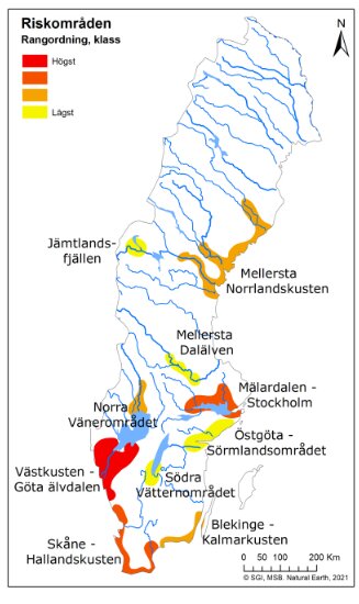 Karta över Sverige visar riskområden för översvämning med klassificeringar från låg till hög risk.