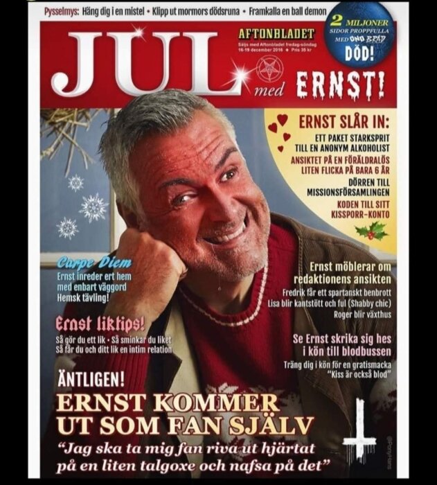 Tidningens framsida med rubriken "JUL", man ler med röd tröja, satiriska rubriker, julrelaterade skämt, nummeruppgifter.