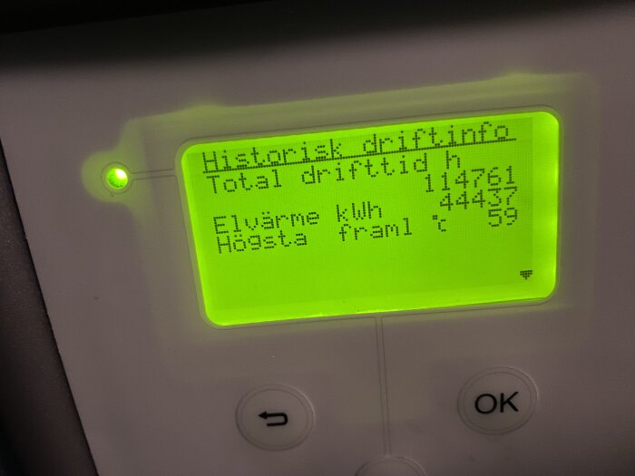 LCD-display visar historisk driftinformation, total drifttid i timmar och elförbrukning i kWh.