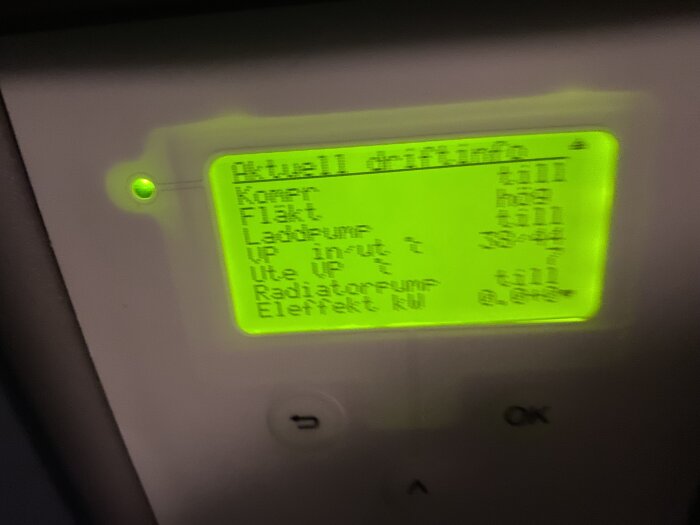 Digital display, energiförbrukning, suddig, grönt ljus, knappar, svenska texter, mätaravläsningar för uppvärmningssystem.