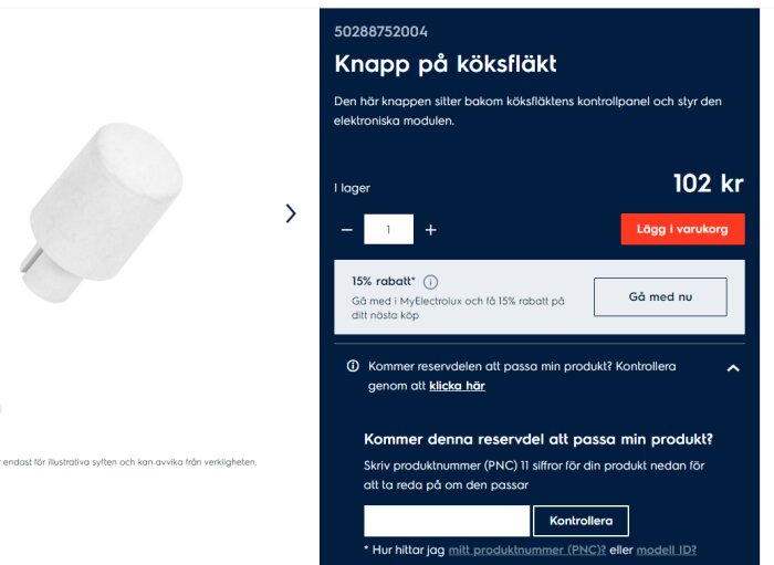 Webbsida visar vit knapp för köksfläkt, produktinformation, pris och köpalternativ.