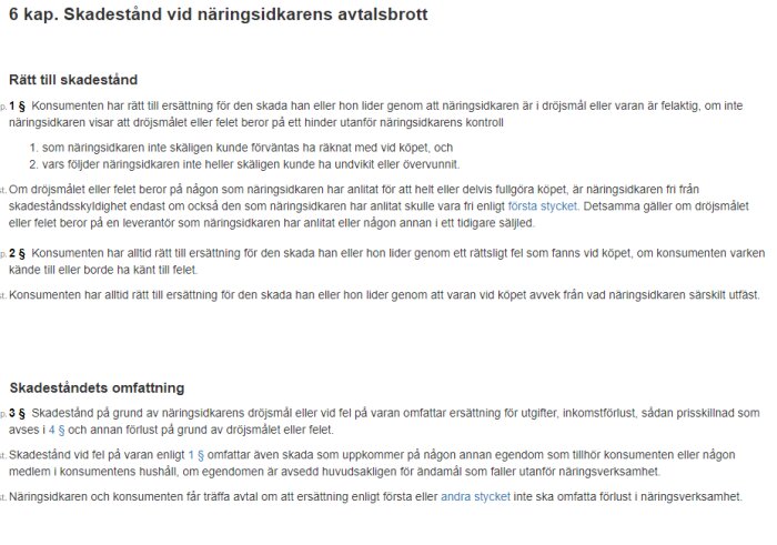 Text på svenska om skadestånd vid näringsidkares avtalsbrott, innehållande lagtext eller juridiska regler.