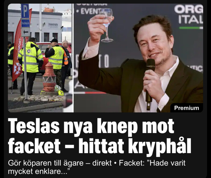 Collage med två bilder: arbetare och person med mikrofonen och glas. Text om Tesla och facket.