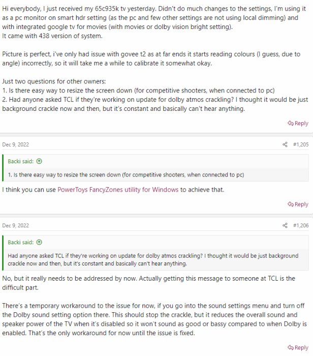 Skärmdump av ett forum där användare diskuterar TV-inställningar, skärmstorlek och ljudproblem med Dolby Atmos.