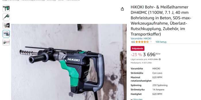 HiKOKI borrhammare, 1100W, betongborrning, SDS-max, erbjudande, transportväska, grön-svart, vit bakgrund, produktinformation.