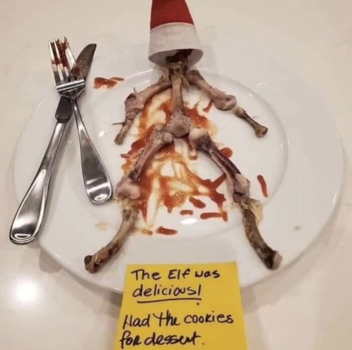 Fjäderben och en jultomteluva på tallrik, skämtsam lapp, "älven var utsökt", julhumor, dessert skämt.