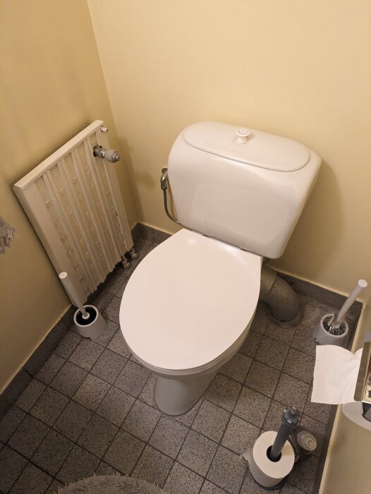 Ett badrum med toalett, pappershållare, radiator och grått klinkergolv.