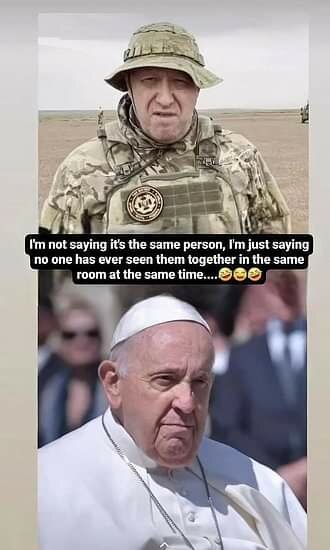 Två bilder, en soldat och påven, med text om att aldrig ses tillsammans, humoristiskt menat.