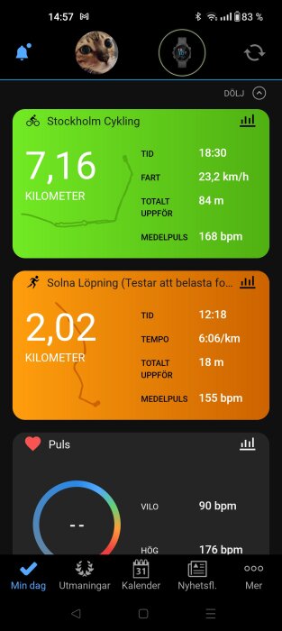 En skärmdump visar data från två träningspass, cykling och löpning, samt användarens pulsöversikt i en app.