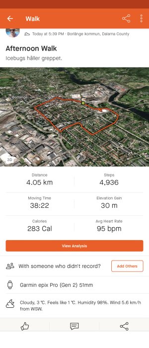 Skärmbild av en kartapp, som visar en eftermiddagspromenad på 4.05 km i Borlänge kommun.