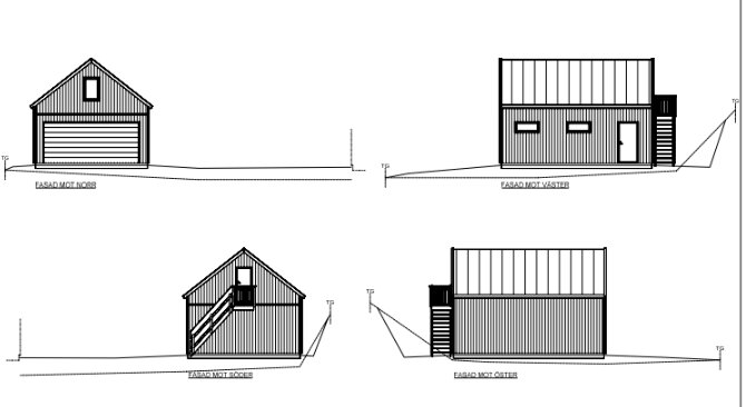Arkitektoniska ritningar av hus, fyra fasader, enkel och modern design.