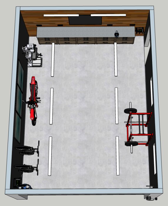 En 3D-modell av ett garage innehållande cyklar, förvaringsskåp och arbetsbänk.