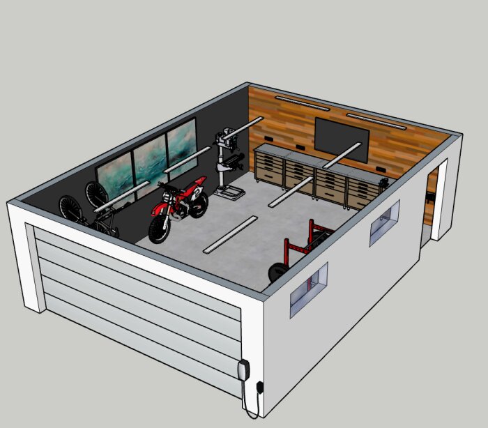 3D-rendering av garage med två motorcyklar, arbetsbänk, skåp och träningsutrustning från ett fågelperspektiv.