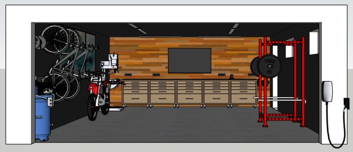 Modern garage med cyklar, verktygsskåp, träningsutrustning, vattenkylare och platt-TV på väggen.