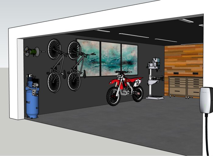 Ett modernt garage med motorcykel, cyklar på väggen och verkstadsutrustning.