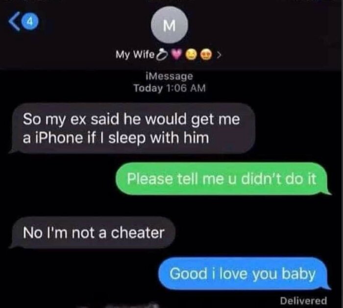 Skärmdump av iMessage-konversation där någon avvisar förförelseförslag och bekräftar sin trohet.