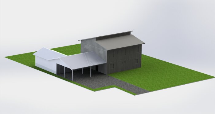 3D-modell av hus med carport, grönt gräs, grå gångstig, enkel design, vit bakgrund.