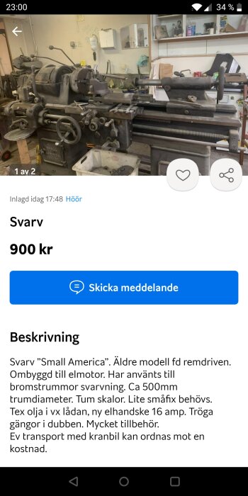 Äldre svarv "Small America", ombyggd till elmotor, trumdia 500mm, tumskalor, behöver småfix, tillbehör inkluderat.