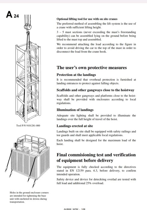 Instruktionsmanual för hissmontering och säkerhetsanvisningar, illustration av torn och landningsplattform.