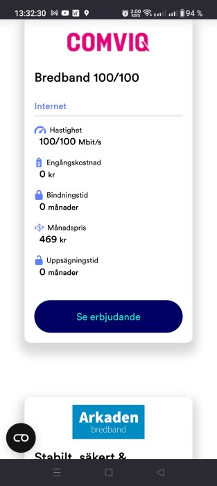Skärmdump på mobilsida för COMVIQ bredbandserbjudande, 100/100 Mbit/s, ingen bindningstid, månadspris 469 kr.