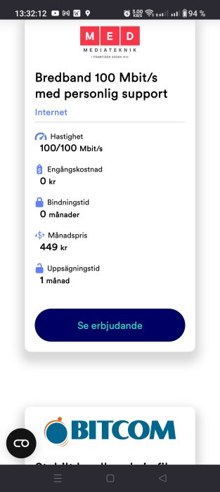 Skärmdump av mobil erbjudande för bredband, 100 Mbit/s, ingen bindningstid, månadskostnad 449 kronor.