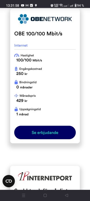 Skärmdump av mobilinternetabonnemang från OBE Network med hastighet, kostnad, bindningstid och erbjudandeknapp.