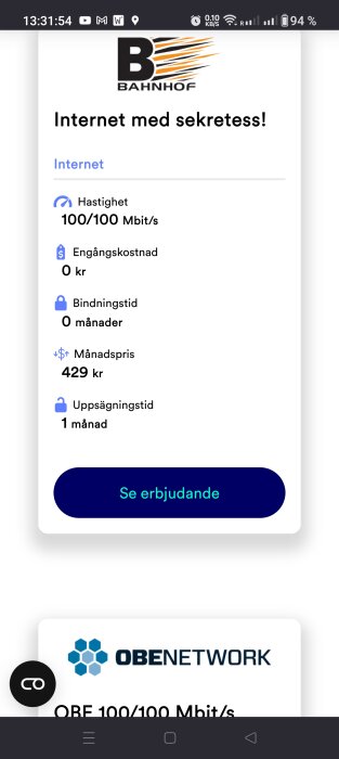 Skärmdump av mobilskärm, Bahnhof bredbandserbjudande, 100/100 Mbit/s, ingen bindningstid, månadskostnad 429 kronor.