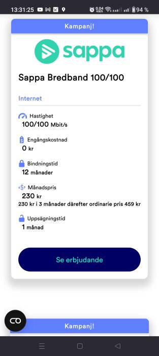 Skärmdump av kampanjerbjudande för Sappa Bredband 100/100 Mbit/s, kostnad och avtalstid specificeras.