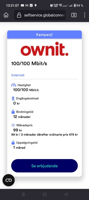 Skärmbild av ett mobilinternetabonnemangserbjudande med hastigheter och priser listade.