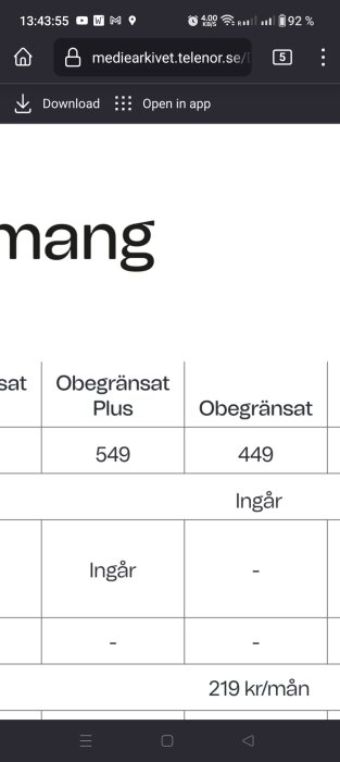 Skärmdump av mobil, prisjämförelse, mobilabonnemang, svenska, två kolumner, "Obegränsat" och priser.