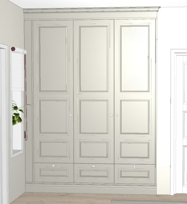 Stor inbyggd garderob med flera dörrar och lådor, ljus färg, i ett ljust rum.