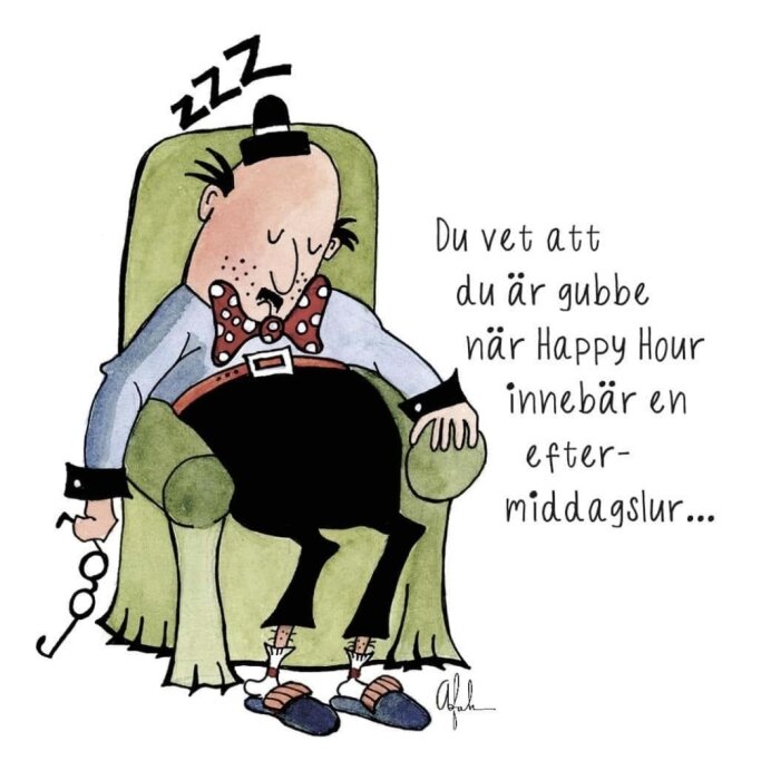 Tecknad man sover i fåtölj, humoristisk text om ålder och tupplurar, "ZZZ", klädd i hatt och tofflor.